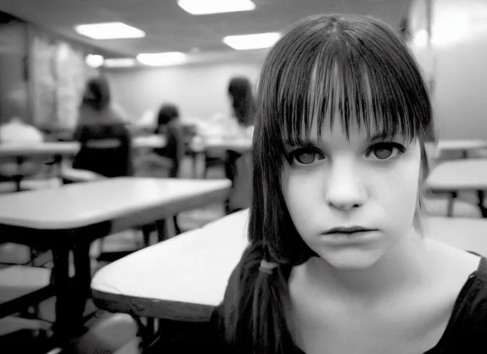 Image similar to photograph of an emo girl sitting in a cafeteria, 2006, yellow fluorescent lighting