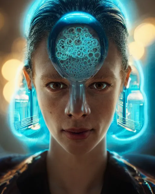 Image similar to natural light, soft focus portrait of a cyberpunk petri dish with a bacteriological culture and mold with little filaments under the microscope, octane render, tilt shift, polaeized light, blue bioluminescent plastics, smooth shiny metal, elaborate ornate head piece, piercings, skin textures, by annie leibovitz, paul lehr