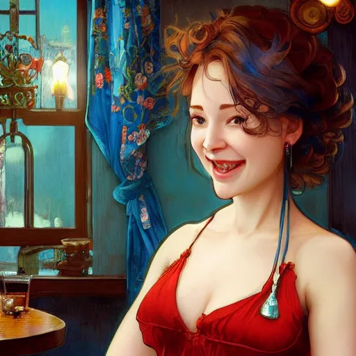 Image similar to a smiling happy beautiful barmaid with short blue hair wearing a red satin dress in a rustic saloon, beautiful sparkling blue eyes, caucasian, fantasy, intricate and very beautiful and elegant, highly detailed, digital painting, artstation, concept art, smooth and sharp focus, illustration, art by tan zi and artgerm and alphonse mucha and peter mohrbacher