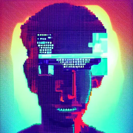 Image similar to a man with a tv head, glowing melting screen and pixels, 3 d art, high contrast, highlights, glitch art, dark background, trending on artstation