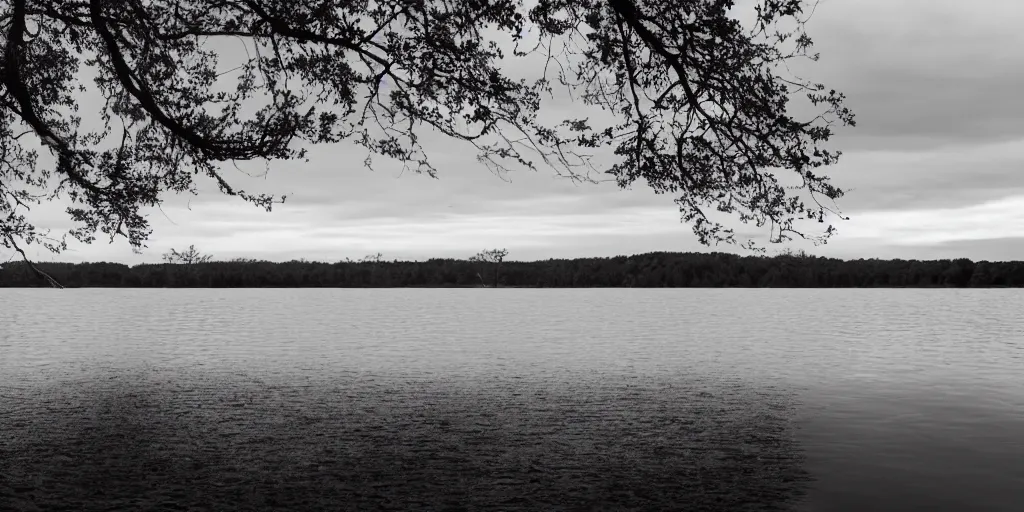 Image similar to centered photograph of a infintely long rope zig zagging across the surface of the water into the distance, floating submerged rope stretching out towards the center of the lake, a dark lake on a cloudy day, moody scene, trees in the background, hyper - detailed photo, anamorphic lens