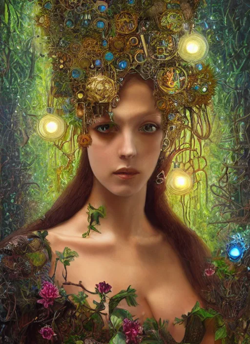 Prompt: oil painting of android woman covered by plants and crystals in the mystical forest, beautiful symmetrical face, renaissance style, wires and cords, golden steampunk, retro futurism, sci - fi, filigree jewellery, baroque, cinematic light, mystical shadows, 8 k