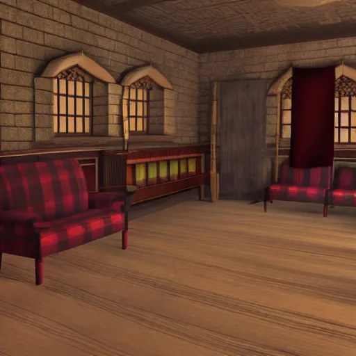 Image similar to Hairy Potter in Gryffindor's common room, Playstation 2 screenshot, 3D Render