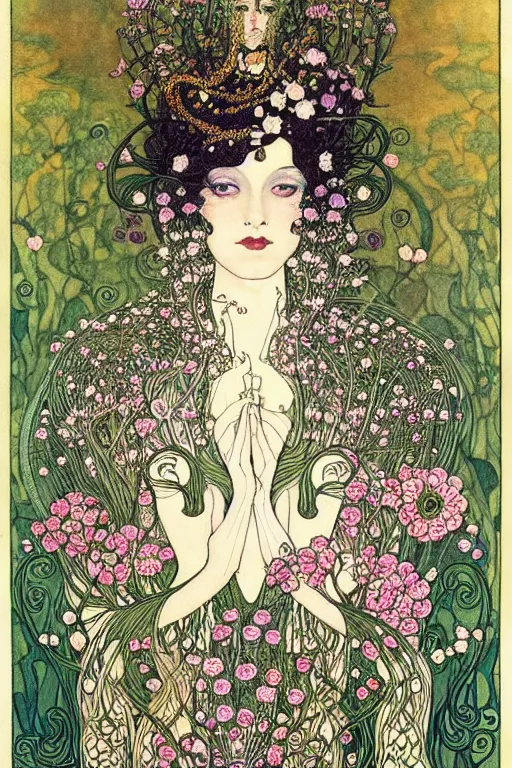 Image similar to centered beautiful detailed front view portrait of a woman with ornate flowers growing around, ornamentation, flowers, elegant, dark and gothic, full frame, art by kay nielsen and walter crane and gustave klimt, illustration style, watercolor