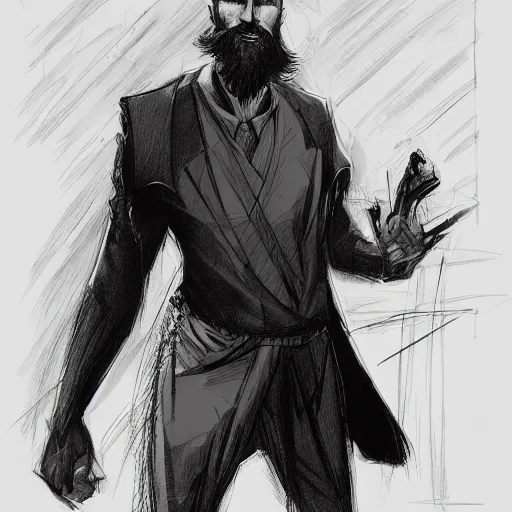 Prompt: concept art character, very high angle view, book cover, very attractive man with beard, walking in cyberpunk valley highly detailed full body, strong masculine features, sturdy body, command presence, royalty, smooth, sharp focus, organic, appealing, book cover, deep shadows, by Dave McKean sketch lineart for character design