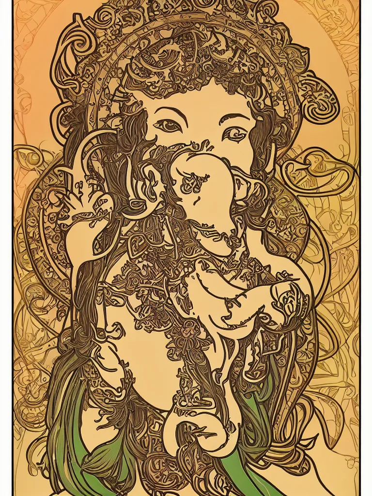 Image similar to portrait of ganesha art by alphonse mucha sticker, colorful, illustration, art nouveau, simple, smooth and clean vector curves, no jagged lines, vector art, smooth