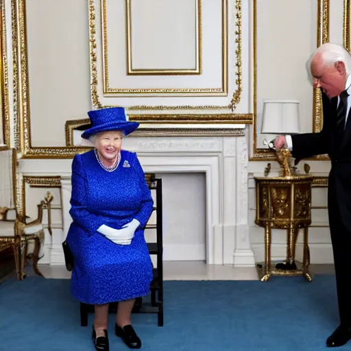 Prompt: Queen Elizabeth playing with a android white robot in the Buckingham palace