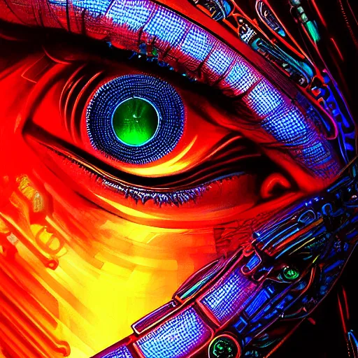 Prompt: Cybernetic Eye with intricate reflections and circuits, colorful, fantasy, vivid colors, concept art, sharp focus, digital art, Hyper-realistic, 4K, Unreal Engine, Highly Detailed, HD, Dramatic Lighting by Brom, trending on Artstation