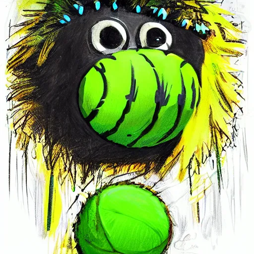 Image similar to a tennis ball monster ,tennis ball,water, chalk, digital art, fantasy, magic, trending on artstation, ultra detailed, professional illustration by Basil Gogos