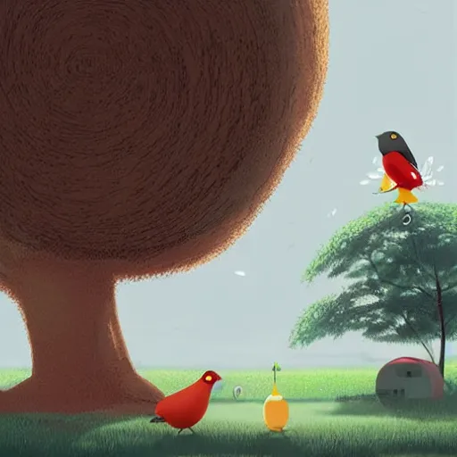 Prompt: A tree with a large bird's nest, on the lawn there are fruits and the birds try to bring food to their nest. ilustration art by Goro Fujita