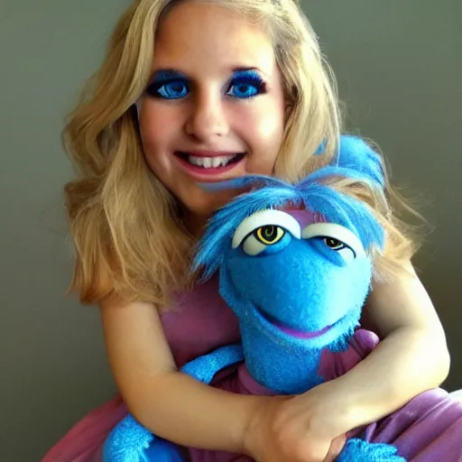 Image similar to very very cute blonde female muppet with blue eyes