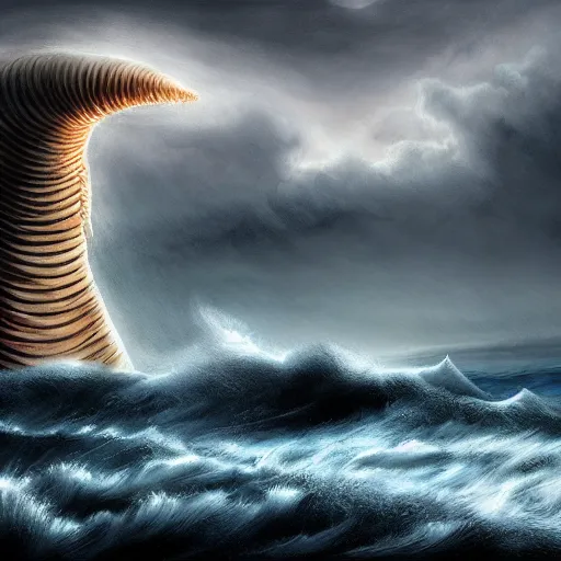 Prompt: giant from dune sandworm coming out of a stormy sea, lightning, highly detailed, beautiful light, epic, digital art, oil painting, award winning, fantasy artbook, 4 k