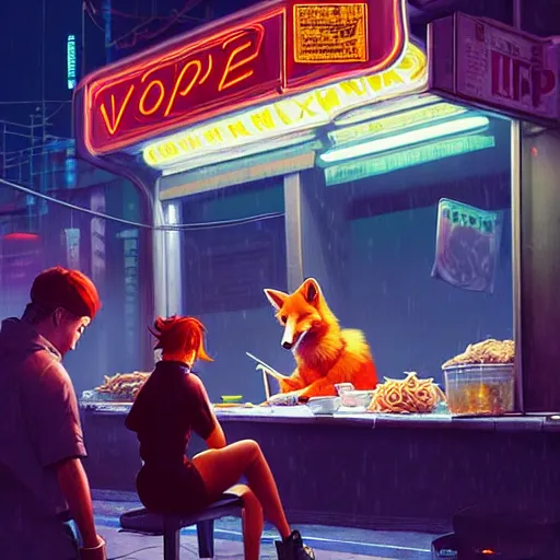 Prompt: splash art of anthropomorphic female vulpes vulpes fulva woman sitting at a noodle stand eating noodles in the crowded street of a cyberpunk city, rain, harsh neon lights, atmospheric : by weta, greg rutkowski, wlop, ilya kuvshinov, rossdraws, artgerm, octane render, liosh, mucha