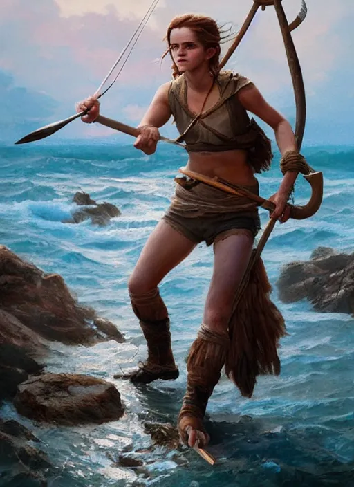 Image similar to hyper realistic photo of prehistoric fisher emma watson with a harpoon in her hand, full body, rule of thirds, conceptart, saturated colors, cinematic, greg rutkowski, brom, james gurney, mignola, craig mullins, artstation, cgsociety