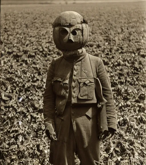 Image similar to a man at wearing a full head scarecrow mask in distance, ww1 film photo, grainy, high detail, high resolution