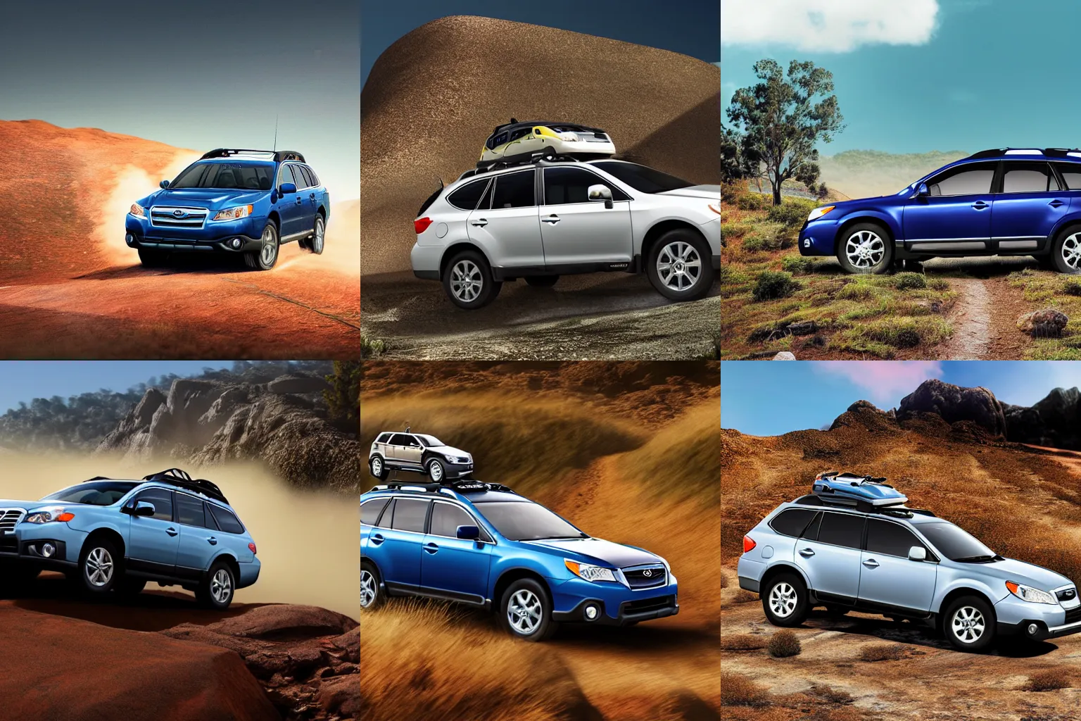 Prompt: photorealistic 2013 outback Subaru driving off the side of a mountain towards the roof of a building bellow