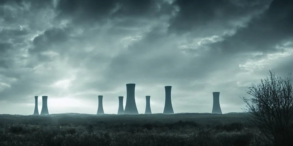 Prompt: nuclear power plant with cooling towers, lost place photo, sunrays, apocalyptic, mist, volumetric lights, wilderness, distropic, dirt, dramatic, cinematic, 8K, trending on artstation
