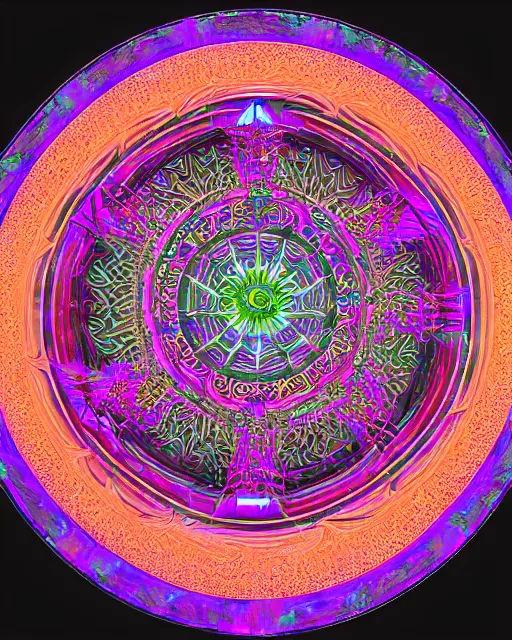 Prompt: hd mandala and yantra 3d maze puzzle made of flesh and bone and synaptic particle energy flow psychedelic color render detailed