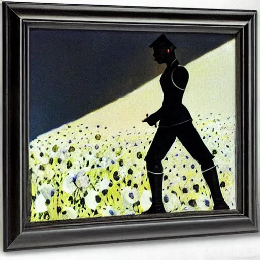 Image similar to black futuristic soldier on a land of white flowers by Edward Hopper