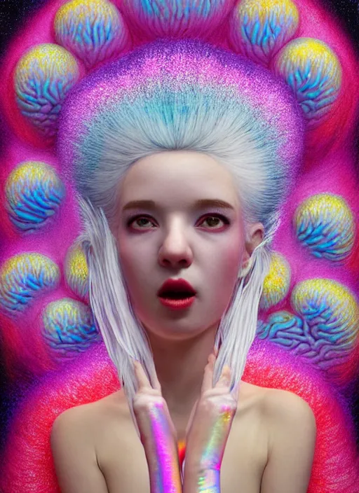 Image similar to hyper detailed 3d render like a Oil painting - kawaii portrait Aurora (white haired Singer Marten) seen Eating of the Strangling network of yellowcake aerochrome and milky Fruit and Her delicate Hands hold of gossamer polyp blossoms bring iridescent fungal flowers whose spores black the foolish stars by Jacek Yerka, Mariusz Lewandowski, Houdini algorithmic generative render, Abstract brush strokes, Masterpiece, Edward Hopper and James Gilleard, Zdzislaw Beksinski, Mark Ryden, Wolfgang Lettl, hints of Yayoi Kasuma, octane render, 8k