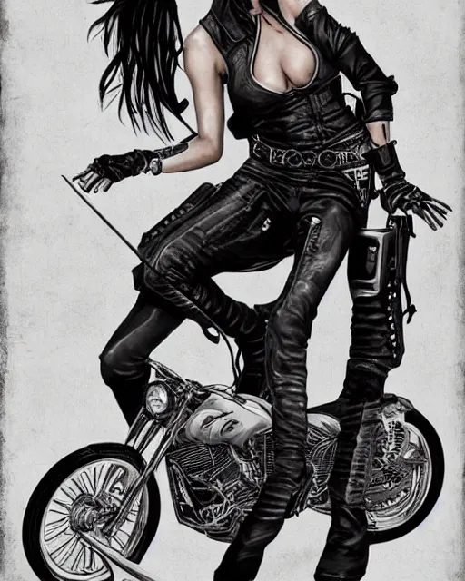 Prompt: Adriana Lima on a bike in sons of anarchy tv show, wearing leather, D&D style , highly detailed, digital art, trending on artstation, smooth, sharp focus, illustration, art by artgem and ROBERT HYNES