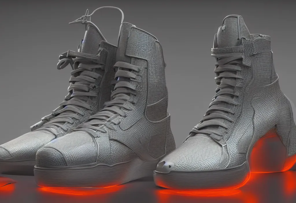 Image similar to one futuristic high - top sneaker with neon illuminated soles on a grey surface, soft orange laces, clean 3 d render, beautiful studio lighting, soft, sharp focus, cyberpunk, intricate detail, gold filigree, soft rubber, octane render, trending on artstation, deviantart, art by iris van herpen and syd mead and android jones