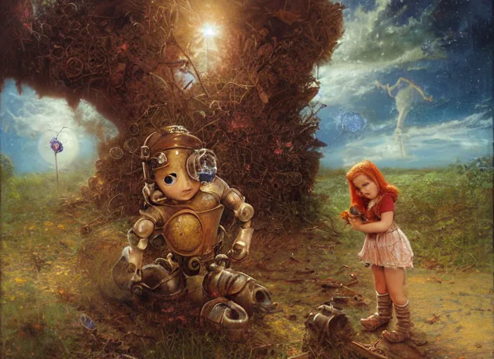 Image similar to a rusty broken down little robot, Lilia Alvarado, Sophie Anderson, Mark Arian, Bob Byerley, Charlie Bowater, Mark Brooks, Steve Henderson, Justin Gerard, Arthur Hughes, Edward Robert Hughes, Mark Keathley, Victor Nizovtsev, Carlos Shwabe, Ross Tran, WLOP