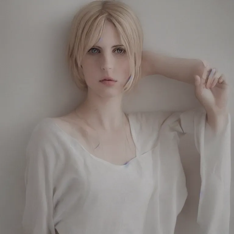 Image similar to cute annie leonhart in a white room, beautiful face, pale skin, rule of thirds, cinematic lighting, rainy weather, melancholy atmosphere, sharp focus, backlit, stunning, model agency, smooth, hard focus, full body shot, instagram photo, shot on iphone 1 3 pro max, hyper realistic,