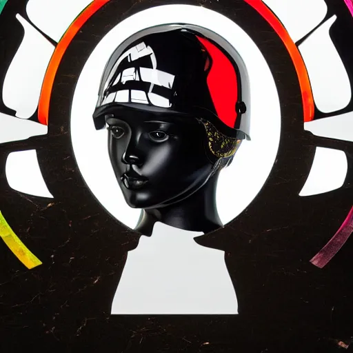 Image similar to photo of a glossy black marble statue of a girl with colorful motocross logos and motorcycle helmet with reflective mirrored visor, carved marble statue, fine art, in the style of virgil abloh, 8 k, 4 k, detailed, realistic, beautiful, symmetrical