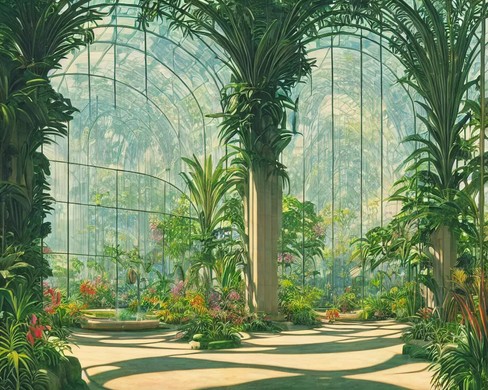 Prompt: an achingly beautiful print of the interior of a glass-walled Art Deco botanic garden, featuring flowing sculptured fountains, tropical foliage, and classical antiquities by Raphael, Hopper, and Rene Magritte. detailed, romantic, enchanting, trending on artstation.