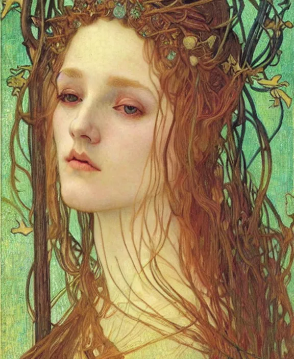 Image similar to detailed realistic beautiful young medieval queen face portrait by jean delville, alphonse mucha, vincent van gogh, and marco mazzoni, art nouveau, symbolist, visionary, gothic, pre - raphaelite