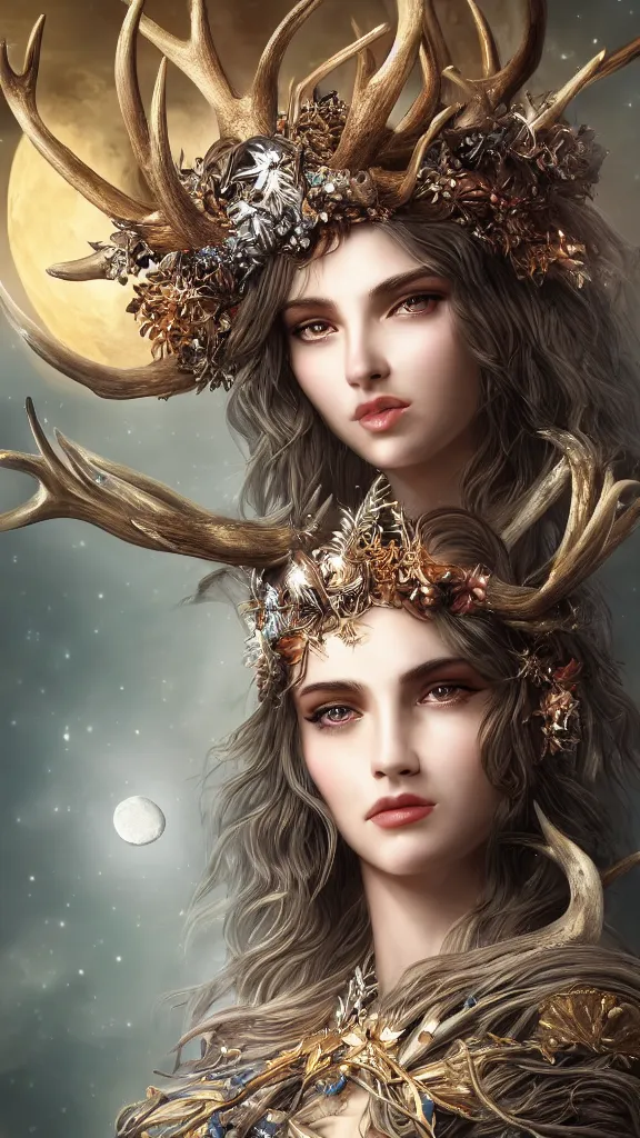 Image similar to highly detailed close up portrait of Artemis, goddess of the hunt and the moon, wearing a crown made of antlers, studio lightning, bright colors, intricate, masterpiece, photorealistic, hiperrealistic, sharp focus, high contrast, Artstation HQ, DeviantArt trending, 4k UHD, Unreal Engine 5