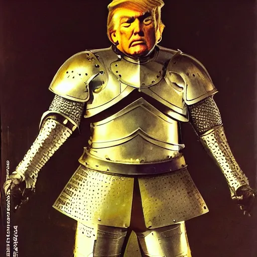 Prompt: cinematic front shot, two arms, two legs, two knights gauntlets, donald trump as a knight, shinning armor, knights armor, donald trumps sexy face, intimidating pose, donald trump wearing a crown, by hans thoma