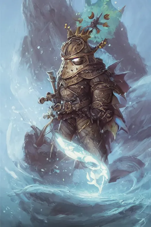 Image similar to cute anthropomorphic fish knight wearing a cape and a crown, tiny, small, miniature bear, baby animal, short, pale blue armor, cute and adorable, pretty, beautiful, DnD character art portrait, matte fantasy painting, DeviantArt Artstation, by Jason Felix by Steve Argyle by Tyler Jacobson by Peter Mohrbacher, cinematic lighting