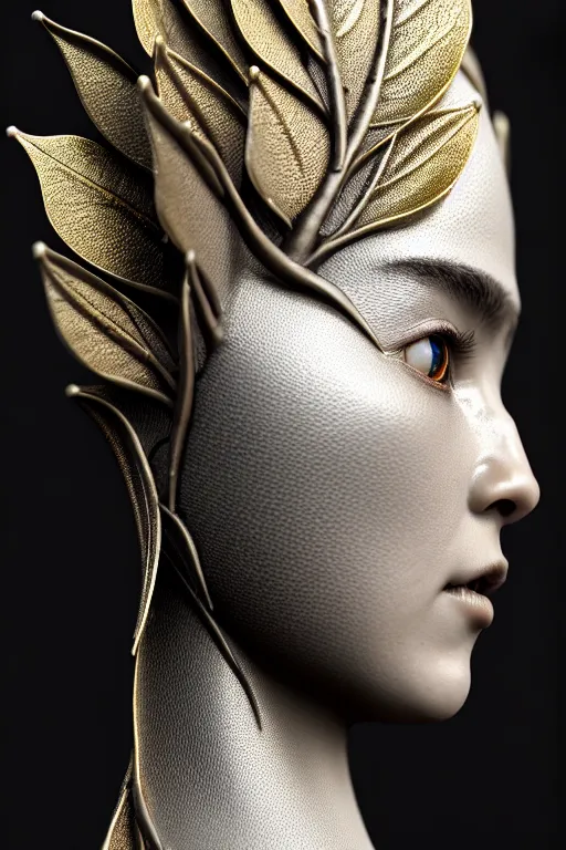 Prompt: bw close - up profile face, black background, beautiful young porcelain vegetal - dragon - cyborg - female, 1 5 0 mm, beautiful natural soft rim light, silver gold details, magnolia leaves and stems, roots, mandelbot fractal, elegant, ultra detailed, white metallic armour, octane render, dora maar