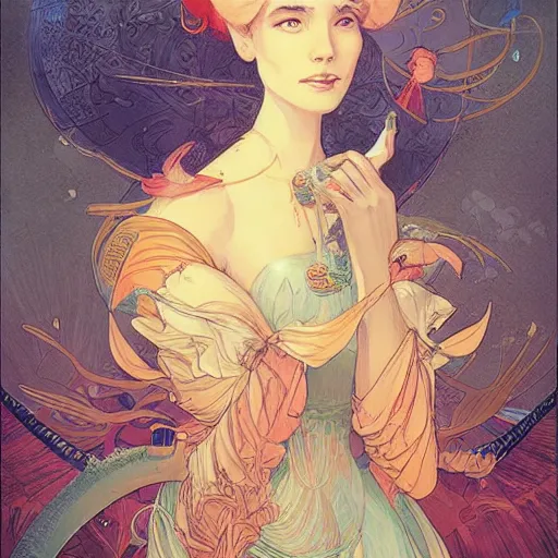 Image similar to portrait of a victorian era duc, princess girl, stylized illustration by peter mohrbacher, moebius, mucha, victo ngai, colorful comics style