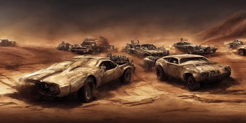 Prompt: an environmental concept art from mad max fury road, single muscle car speeding through the desert, exposing shiny engine, mechanical, highly detailed, cinematic, dramatic lighting by francis tneh