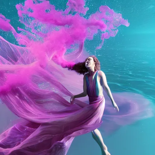 Image similar to woman dancing underwater wearing a flowing dress made of blue and magenta seaweed, delicate coral sea bottom, swirling silver fish, swirling smoke shapes, octane render, caustics lighting from above, cinematic