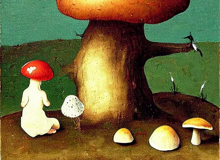 Image similar to a painting of a cute creature sitting next to a mushroom, detailed, realistic, in style of hieronymus bosch