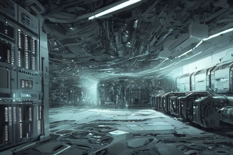 Image similar to parallax datacenter server room interior single mono colossus brown rusty robosaurus cyborg artstation cinematic detailed concept art sharp coherent cgsociety symmetric perfect well balanced shadows lotr supercomputer starwars