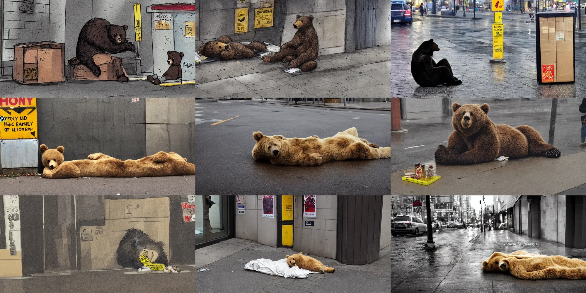 Image similar to hyper - realistic anthropomorphic bear homeless laying in a dark rainy street corner under carton boxes, honey dispensary