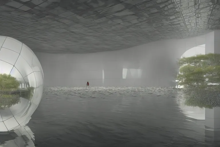 Image similar to a building interior formed by the intersection and fusion of many multi white spherical egg shaped spaces, on the calm lake surface, people's perspective award winning, highly detailed 4 k art, dusk, unreal engine highly rendered, global illumination, radial light, internal environment by kazuyo sejima