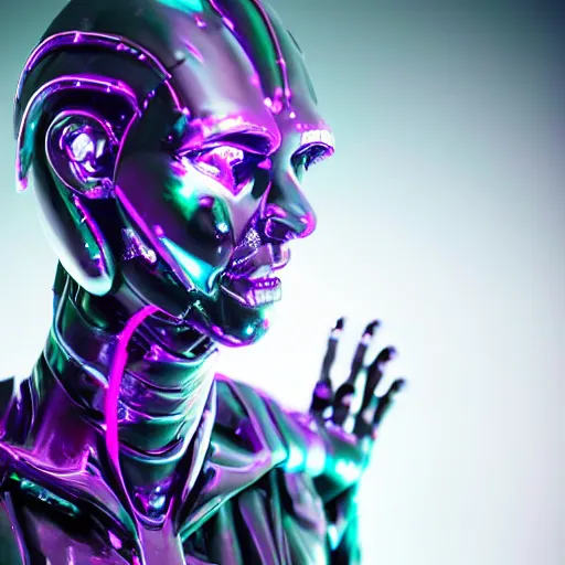 Image similar to neon-noir cybernetic devil-god, iridescent statue, full body, hyper realistic, 8k cinematic lighting, black background, magical glow, sparkly atmophere, ominous, surreal, futuristic, no long neck and double face - W 1024