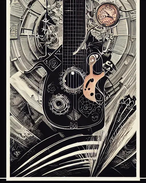 Image similar to a majestic steampunk alchemists guitar leaning on an guitar amp, two point perspective, furniture, high details, bold line art, by vincent di fate and joe fenton, inking, etching, screen print, masterpiece, trending on artstation, sharp, high contrast, hyper - detailed,, hd, 4 k, 8 k