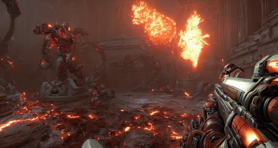 Image similar to gameplay of doom eternal, ambient lighting, concept art, intricate, hyper detailed, smooth, action, volumetric lighting, 3 d render, unreal, octane