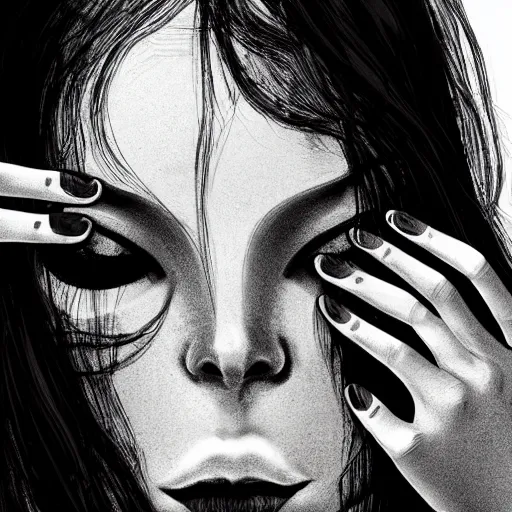 Prompt: Womans face with her hands covering her eyes, black ink is pouring down from her eyes, music album cover, artstation, pixivi