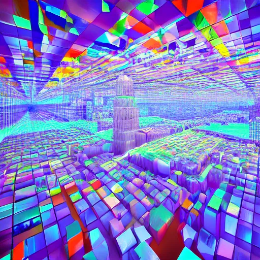 Prompt: City on Prism World, city inside of a giant crystal, city made of prism shaped translucent crystals, PBR, digital 3d art, concept art
