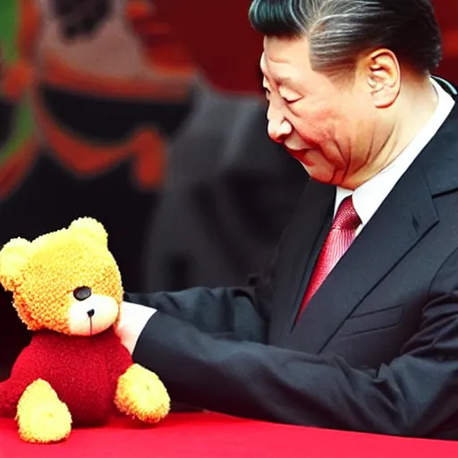 Image similar to a still of xi jinping kissing a teddy bear