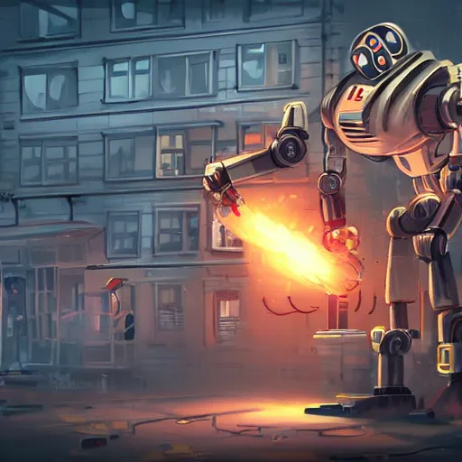 Image similar to a menacing robot furiously punching a building, concept art, highlt detailed