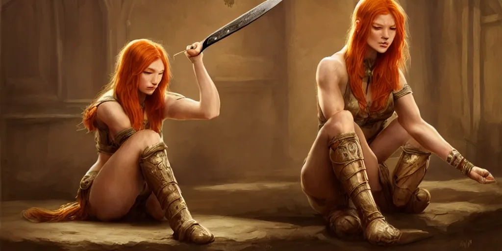 Prompt: ginger girl with problems, sitting and drinking in an ancien tavern and playing with a knife, attractive, warrior, strong body, action pose, ancient, sand, emerald, intricate, highly detailed, digital painting, artstation, concept art, smooth, sharp focus, illustration, Unreal Engine 5, 8K, art by artgerm and greg rutkowski and alphonse mucha